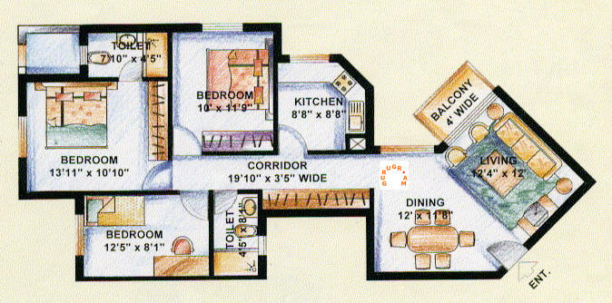 dlf-princeton-estate-2bhk-plus-study-apartment-layout-plan dlf-princeton-estate